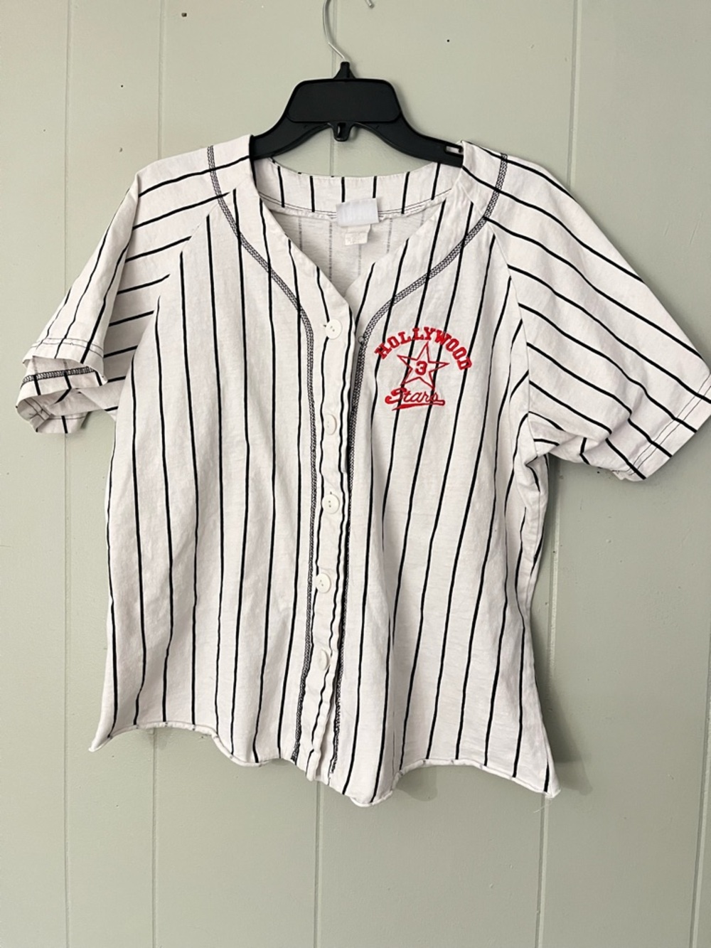 VINTAGE Hollywood Stars Striped Baseball Style Button-Up with Red Embroidery
